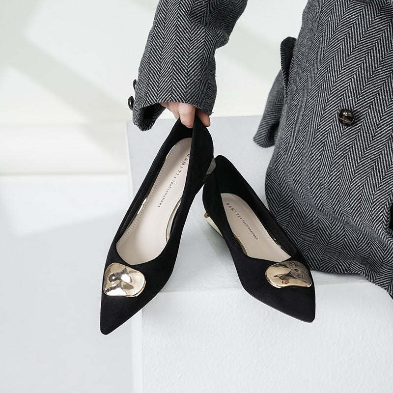222-40 Single Shoe Women's Block Heel Fall 2022 New Versatile Soft Leather Flat Heel Low Heel Pointed Toe Scoop Shoes