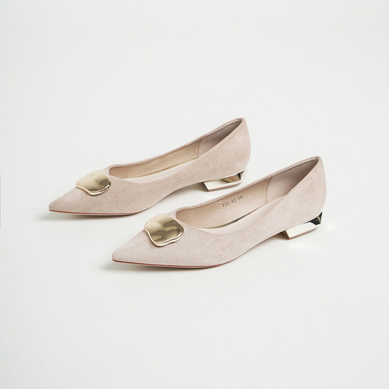 222-40 Single Shoe Women's Block Heel Fall 2022 New Versatile Soft Leather Flat Heel Low Heel Pointed Toe Scoop Shoes