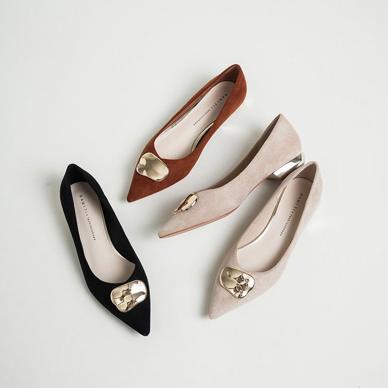 222-40 Single Shoe Women's Block Heel Fall 2022 New Versatile Soft Leather Flat Heel Low Heel Pointed Toe Scoop Shoes