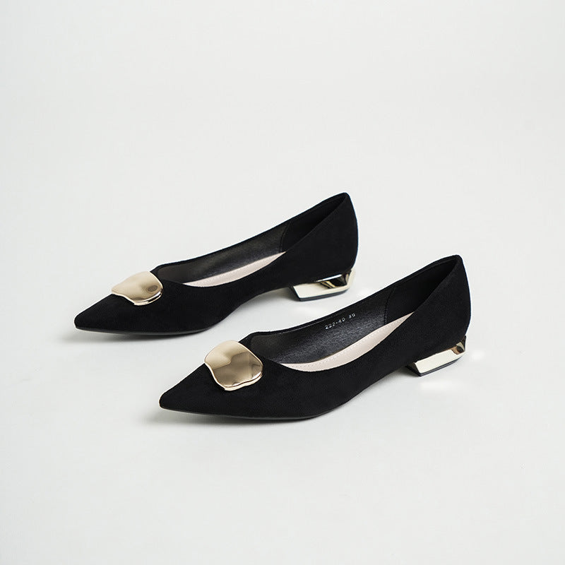 222-40 Single Shoe Women's Block Heel Fall 2022 New Versatile Soft Leather Flat Heel Low Heel Pointed Toe Scoop Shoes