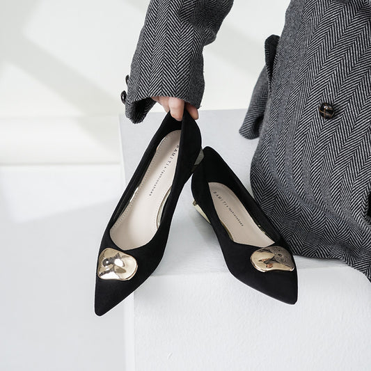 222-40 Single Shoe Women's Block Heel Fall 2022 New Versatile Soft Leather Flat Heel Low Heel Pointed Toe Scoop Shoes